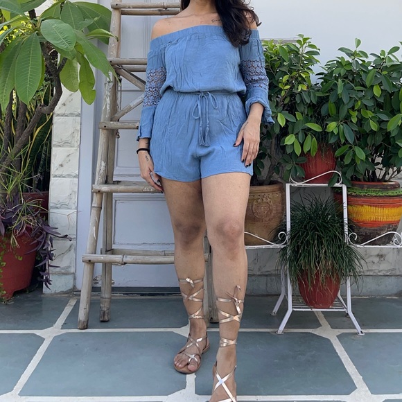 NWOT Blue Off Shoulder Drawstring Romper / Blue Off Shoulder Drawstring Playsuit - Picture 2 of 6